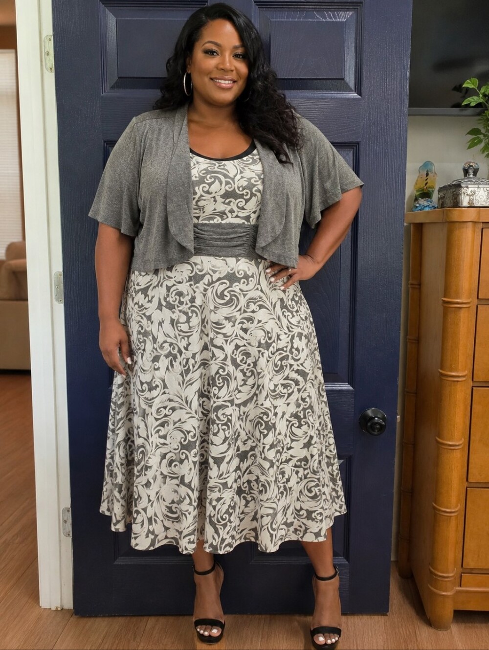 Perceptions Gray and White Midi Dress with Draped Cardigan
